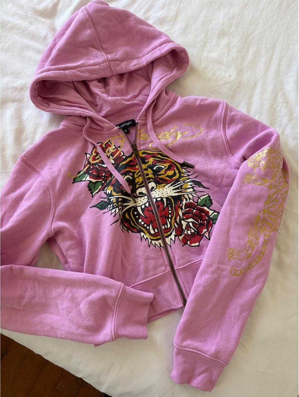 Ed Hardy Women's Pink Tiger & Rose Graphic Zip-Up Hoodie Medium